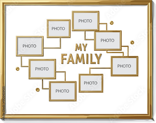 Elegant gold family tree photo frame template with multiple blank picture placeholders for genealogy research, memory wall decoration, and personalized heritage anniversary gifts.