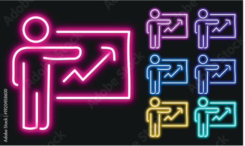 Neon Presentation Icon: Man Showing Upward Trend Graph in Various Colors on Black