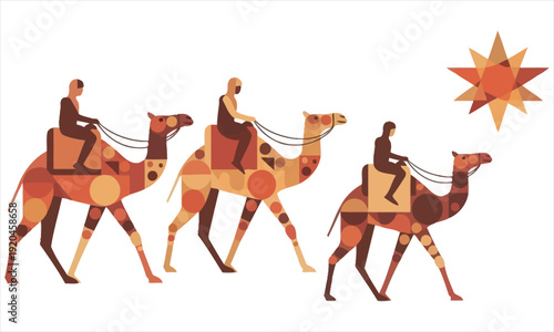 Three wise men riding camels under a star on a white background in a colorful mosaic style