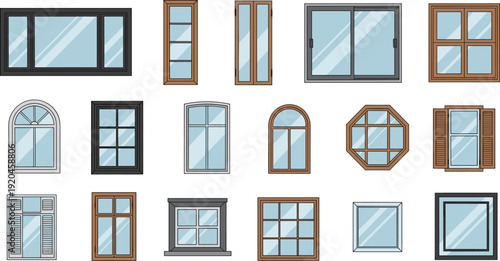 Window Frames Flat Vector Icons Set Featuring Modern, Classic, Arched, Round and Triangular Glass Windows for Architecture Design