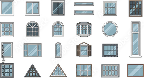 Window Frames Flat Vector Icons Set Featuring Modern, Classic, Arched, Round and Triangular Glass Windows for Architecture Design