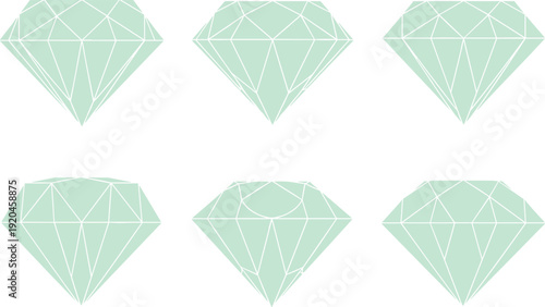 Set of six mint green diamond and gemstone vector illustrations featuring various geometric faceted cuts, isolated on a white background for luxury jewelry design.