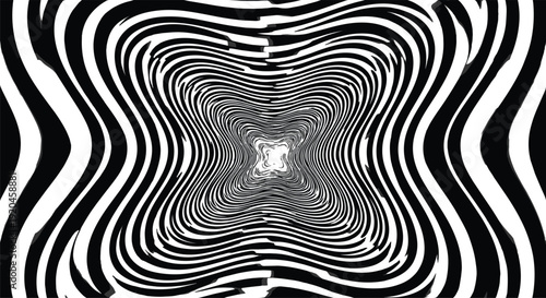 Black and white optical illusion abstract background with wavy geometric lines creating a distorted hypnotic 3d tunnel effect for modern trippy op art designs.