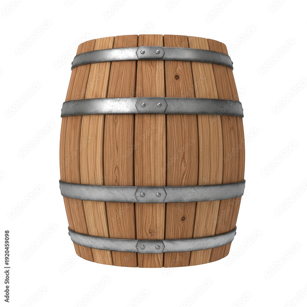 Obraz premium A wooden barrel with metal bands on transparent background