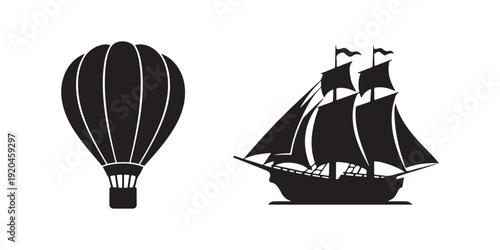 Vector illustration of a sailing boat ship with sails and mast on the sea in a simple nautical style