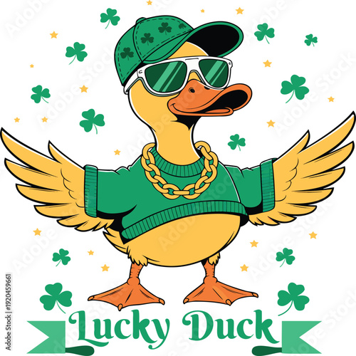 Cool duck wearing sunglasses and gold chain for St. Patrick's Day