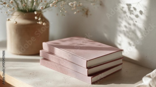 Wallpaper Mural Stack of three books on a white surface. the books are pink in color and appear to be hardcover with a textured cover. Torontodigital.ca