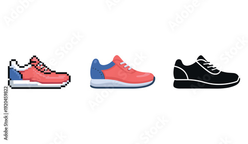 Pixelated, cartoon, and silhouette sneakers on white background