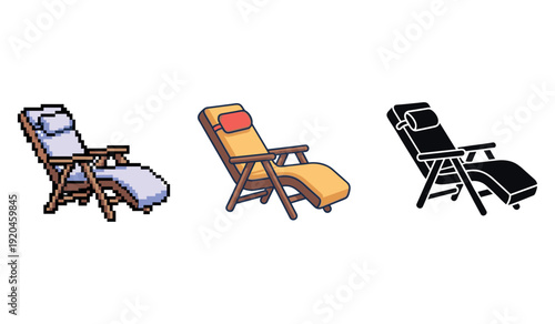 Three styles of folding recliner chairs: pixel art, colorful illustration, silhouette design