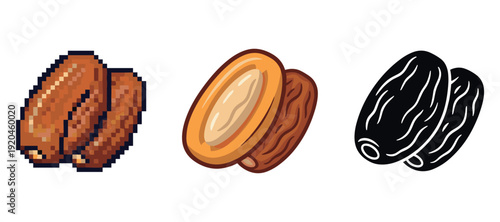 Pixel art date variations: whole, halved, and outlined dates on white background