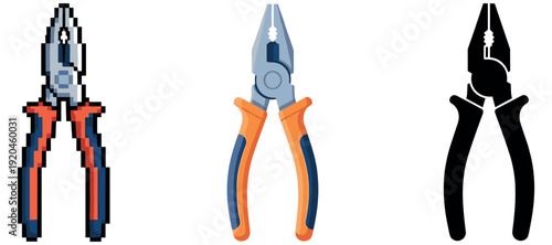 Three styles of pliers: pixel art, realistic, silhouette representation