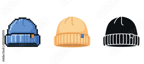 Pixelated beanie and minimalist hat designs in various colors