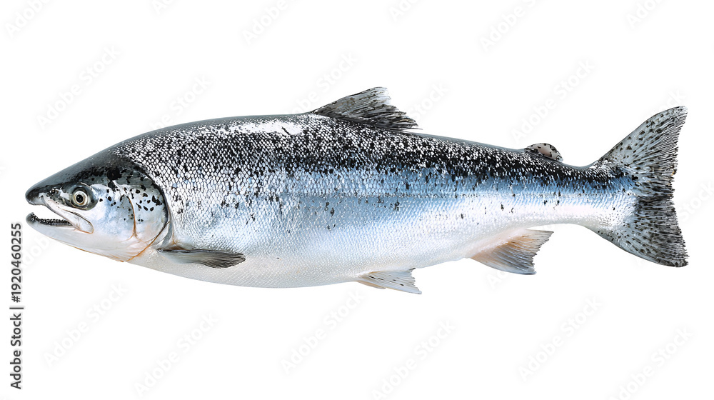 Obraz premium A close-up view of a silver fish with distinctive black spots and a streamlined body isolated on transparent background