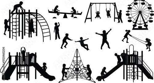 Children playground silhouette set, kids playing on slide, swings, seesaw, ferris wheel, climbing frame, jumping, running, park activity, childhood fun
