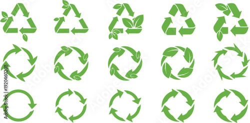 Green recycling symbol icon set with organic leaves for environmental sustainability, eco friendly waste management, circular economy, and nature conservation branding projects.