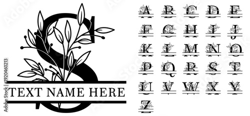 Floral leaves  monogram split font alphabet letter initial family name sign vector design