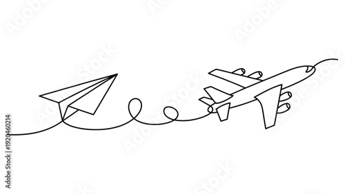 Minimal line art illustration of paper airplane chasing jet aircraft with playful trail simple black and white creative concept design
