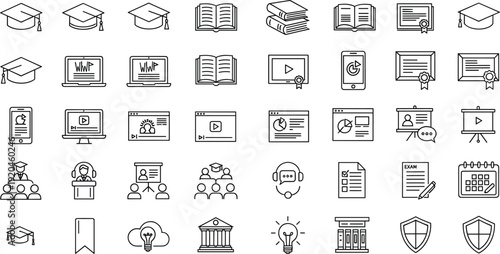 Education and Online Learning Line Icons Set Featuring Graduation Cap, Diploma, Books, Video Course, University and Academic Symbols
