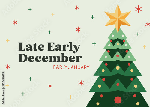 Festive illustration depicts a christmas tree and holiday text design