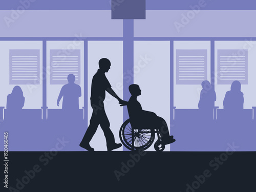 A caregiver assists a person in a wheelchair within a modern hospital hallway