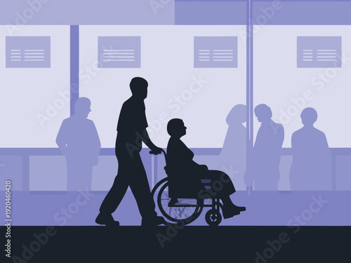 Silhouetted figures in a hospital hallway with a patient in a wheelchair