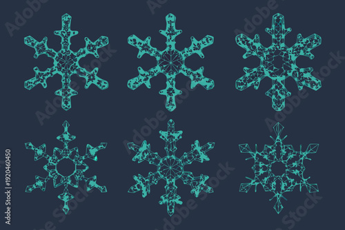 Intricate teal snowflake patterns arranged in a grid on a dark background