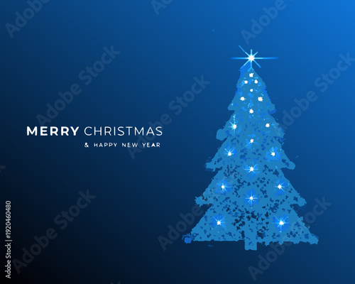 Festive blue christmas tree with sparkling lights and holiday greetings