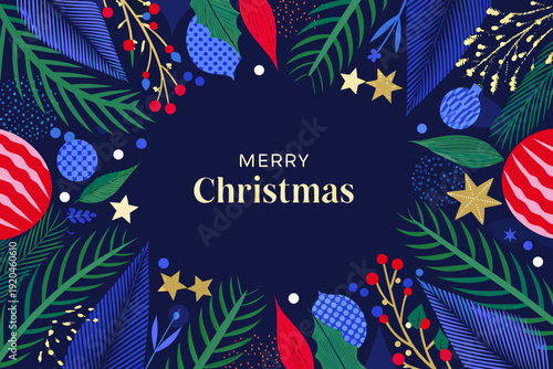 Festive christmas card with botanical elements and ornaments on navy