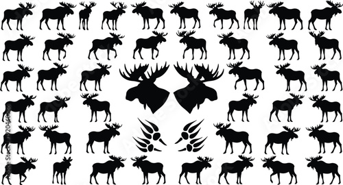 Moose silhouette set, elk wildlife icons, wild animal forest collection, moose head antler, animal tracks, forest nature wilderness, hunting trophy
