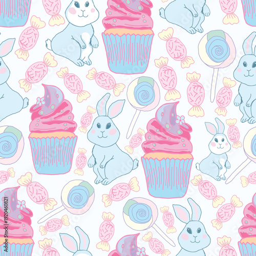 Seamless Easter pattern with cute bunnies, lollipops, cupcakes, and candies in soft pastel colors. Playful spring repeat design perfect for textiles, wrapping paper, and festive surfaces.