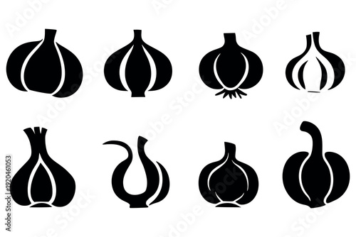 Garlic vector art illustration silhouette icon set on a white background