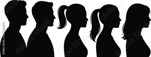 People profile silhouette set, men and women head side view, diverse hairstyles, group of human faces, minimalist portrait, identity, community