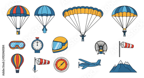 Skydiving Equipment Icons Set. Parachuting and Aviation