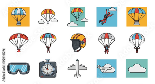 Skydiving Icons: Parachute, Helmet, Plane, and Goggles Set
