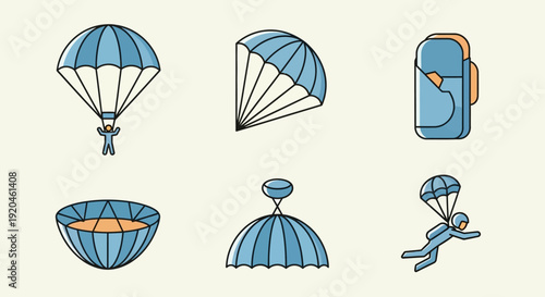 Skydiving Parachutes Icons Set, Extreme Sport Vector