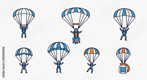 Skydiving vector icons set. Parachuting sport concept.