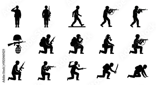 Silhouette Soldiers: Diverse Military Poses and Actions