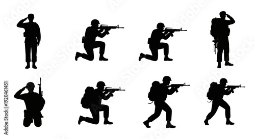 Soldier silhouettes in various poses with rifle