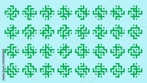Abstract grid of green geometric symbols and intricate square icons on a light blue background. Diagonal Square Grid.