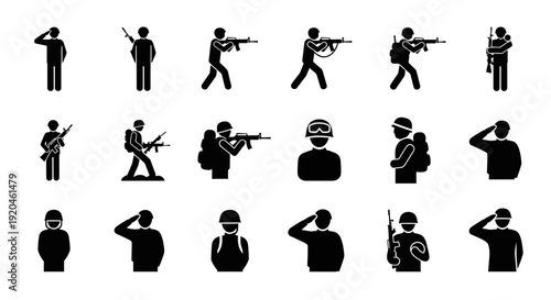 Military Soldier Icons: Action Poses, Saluting, and Weaponry