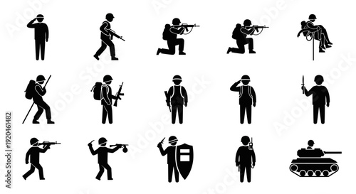 Soldiers in Action Stick Figures Icons Set