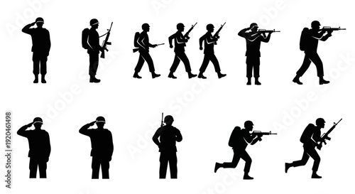 Silhouette Soldiers Marching and Saluting: Military Action Figures Set