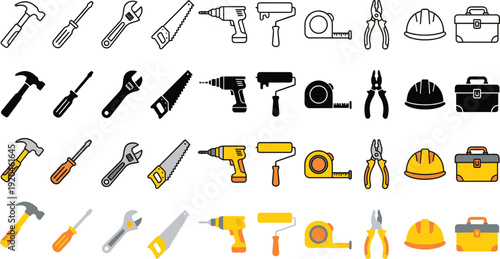 Tools Construction Icons Set Featuring Various Styles Colors and Finishes