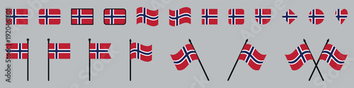 Norway Flag Mega Set Norwegian National Flags in Various Shapes and Styles Flat, Waving, Heart, Round, and Pole Icons.