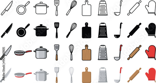 Kitchen Essential Cooking Utensils and Equipment in Various Visual Styles