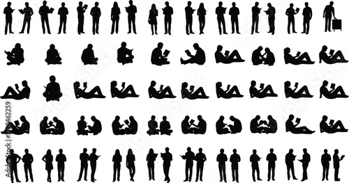 People reading silhouette set, students studying, men and women with books, group sitting on floor, standing readers, education, library, learning