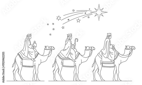 Three wise men riding camels under a starry night sky with gifts