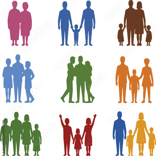 Colorful silhouettes of people and families in various poses  people in different groups and relationships