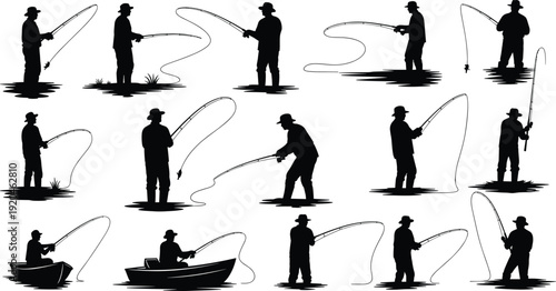 Silhouettes of fishermen fly fishing on water and boats set collection of anglers casting lines isolated on white background vector.