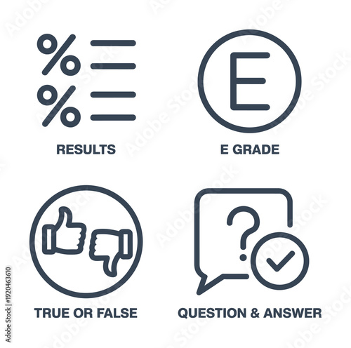 Vector of various educational assessment icons and symbols used for grading and evaluation purposes